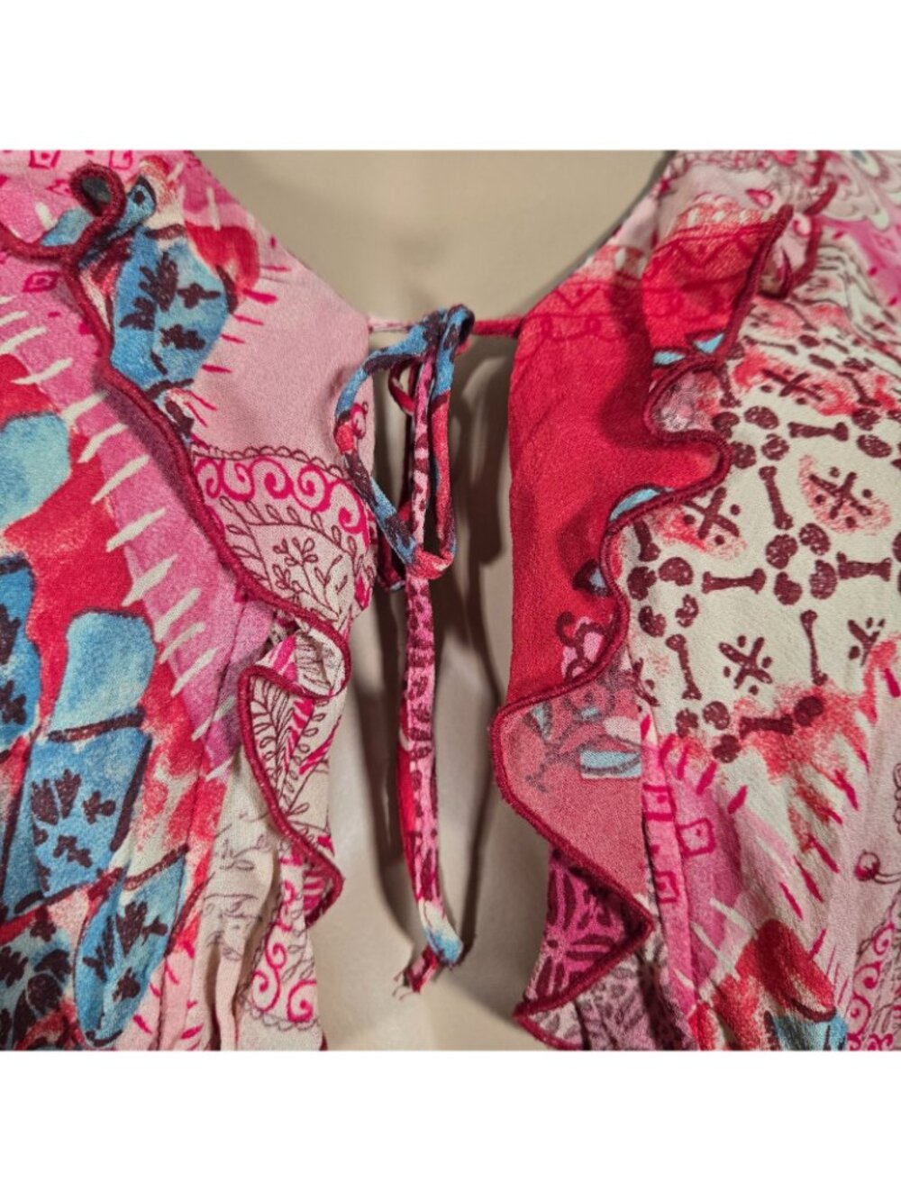 Y2K Next Tie Front Chiffon Top Pink Blue Ruffled Size S Euro Summer Boho Fairy - Picture 5 of 15